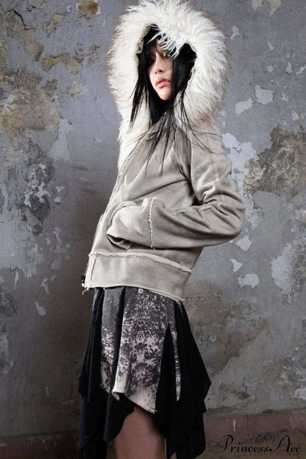 Y2k Street Vibe Color-Block Big Fur Hood Zip-Up Hoodie