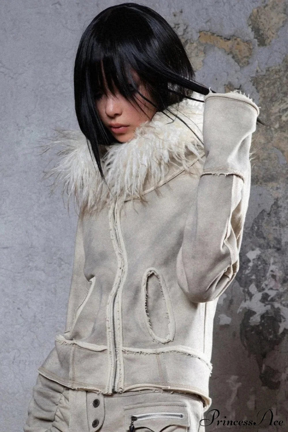Y2k Street Vibe Color-Block Big Fur Hood Zip-Up Hoodie