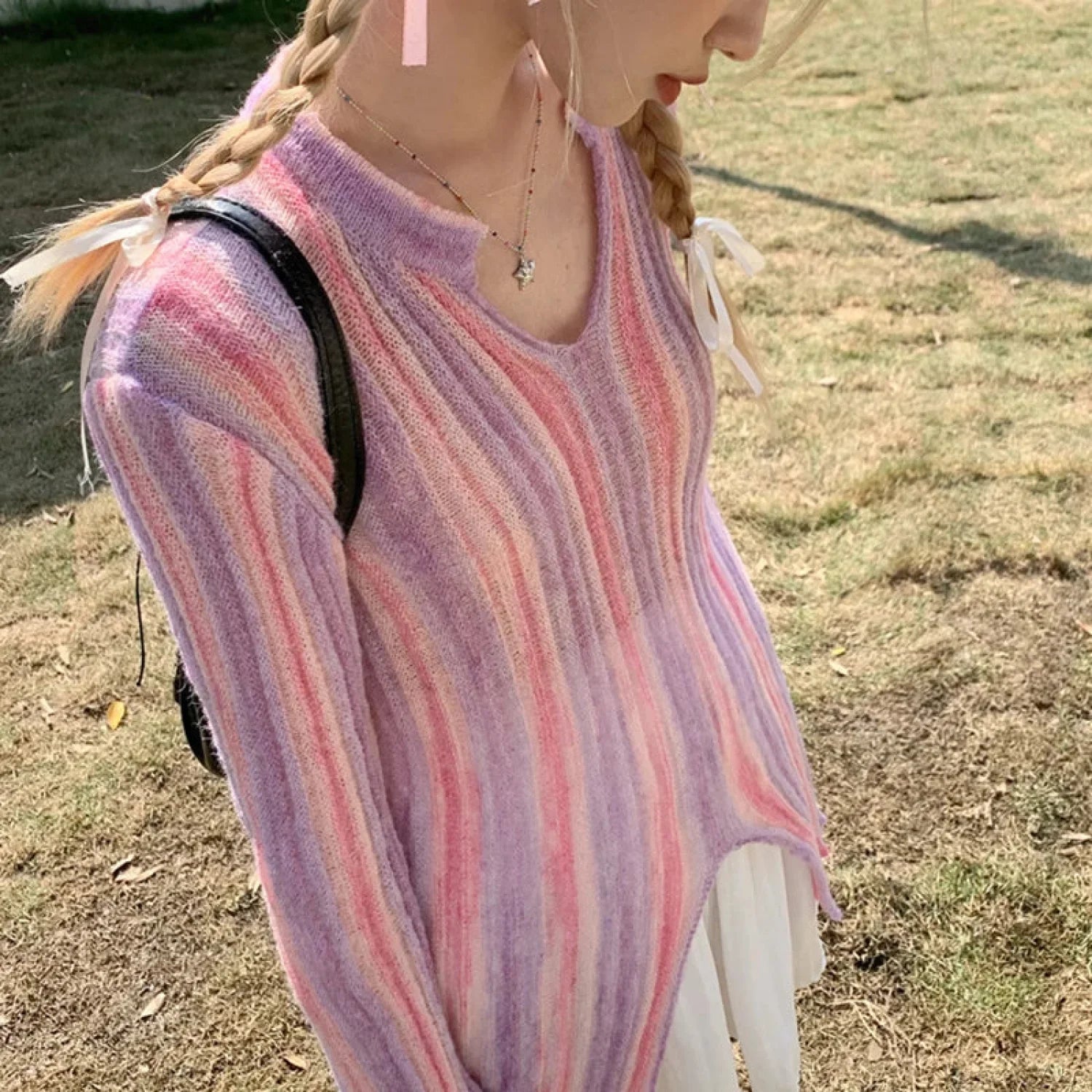 Y2K Vintage Long Sleeve Vertical Stripe Print Knit Top knittop-250126