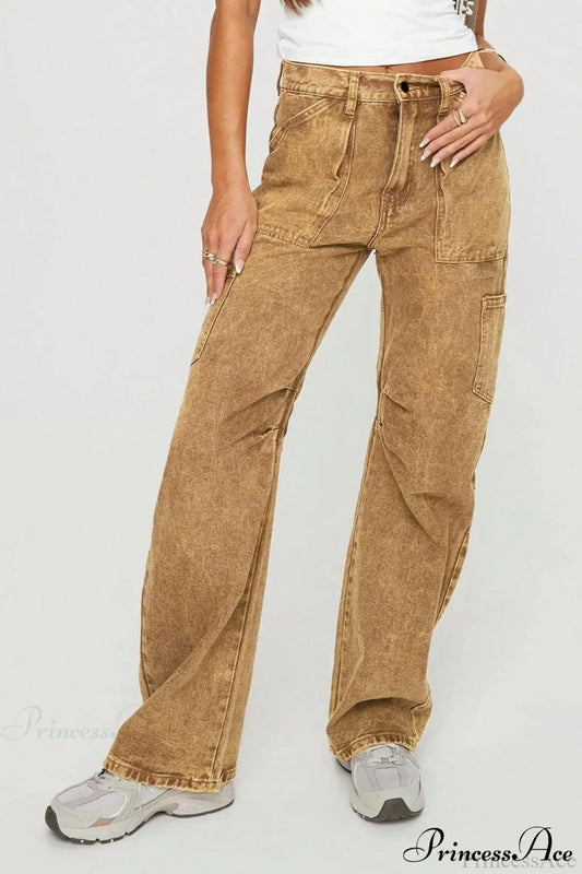 Y2K Washed Brown Straight Leg Cargo Jeans Brown / S
