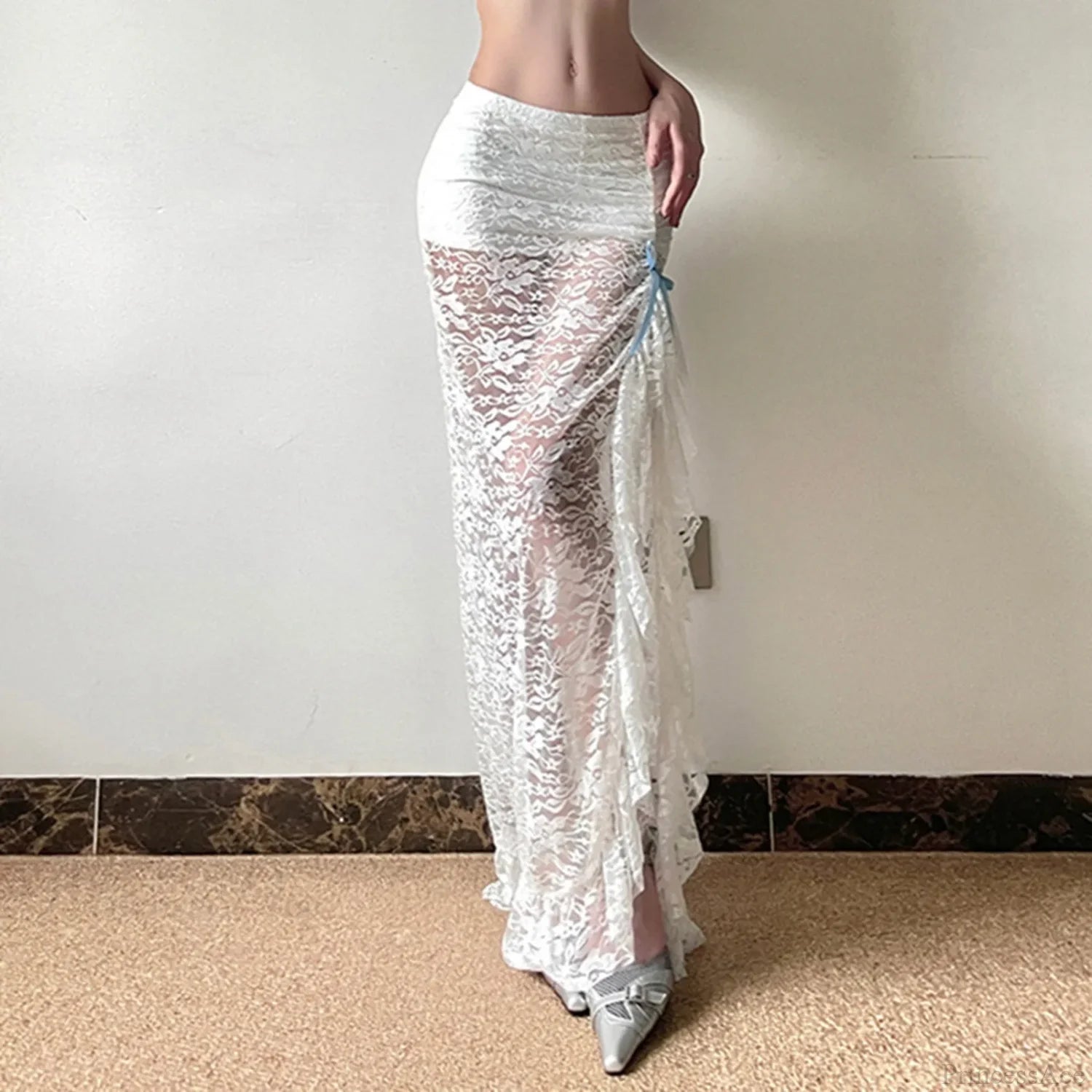 Y2K White Boho Floral Lace Low Waist Maxi Skirt skirt-250126