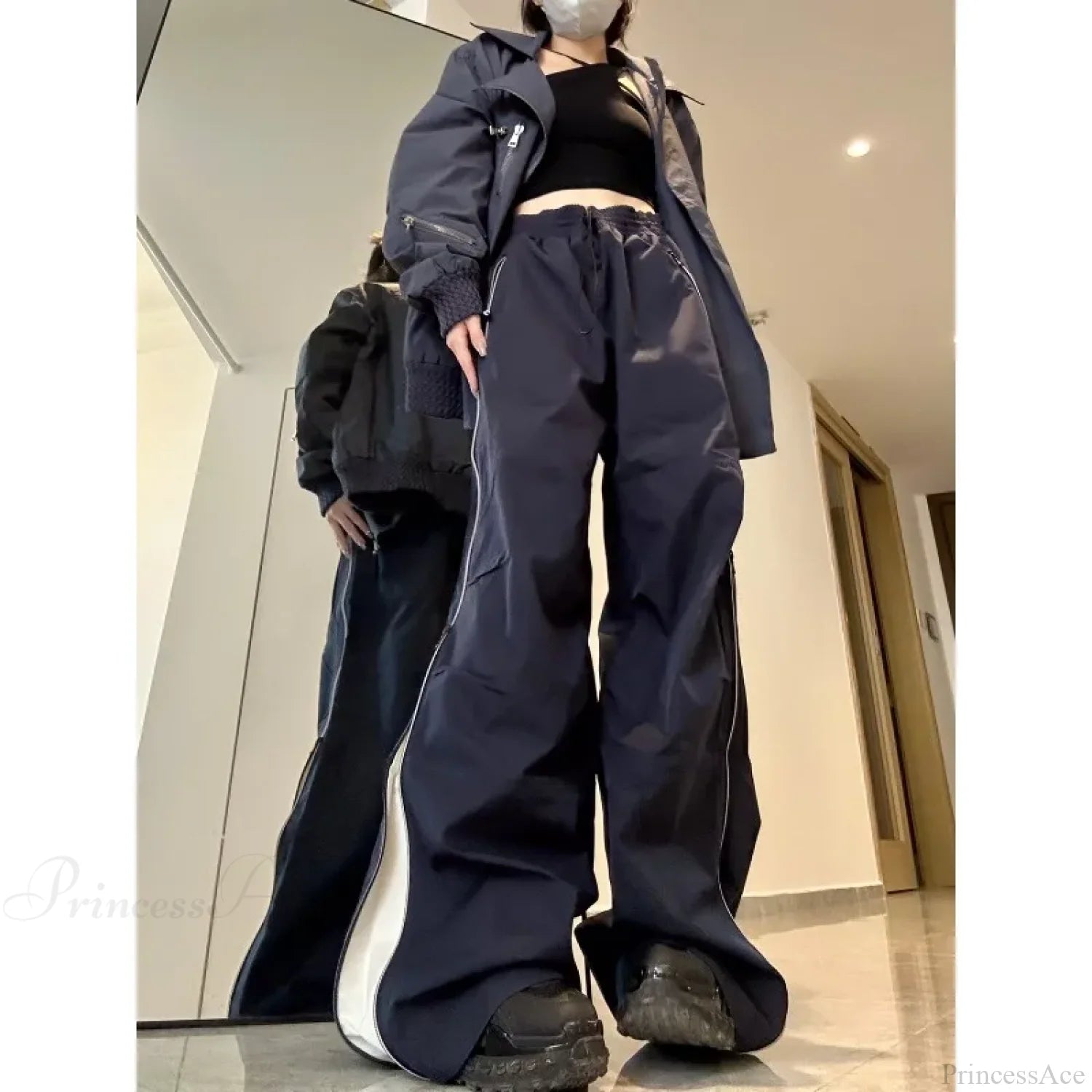 Y2K Wide Leg Cargo Sweatpants Pants Black / S