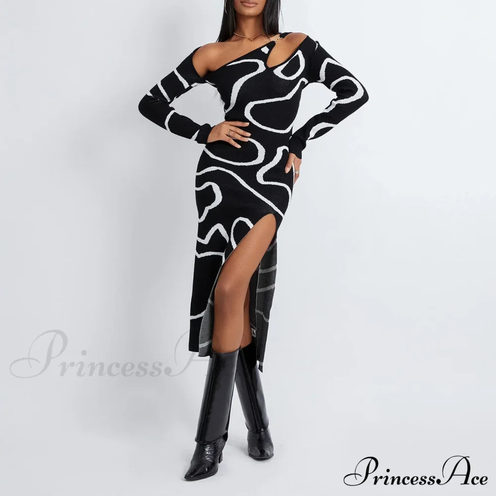 Y2K Women Off Shoulder Long Sleeve Asymmetric Bodycon Split Midi Going Out Vintage Streetwear Cut