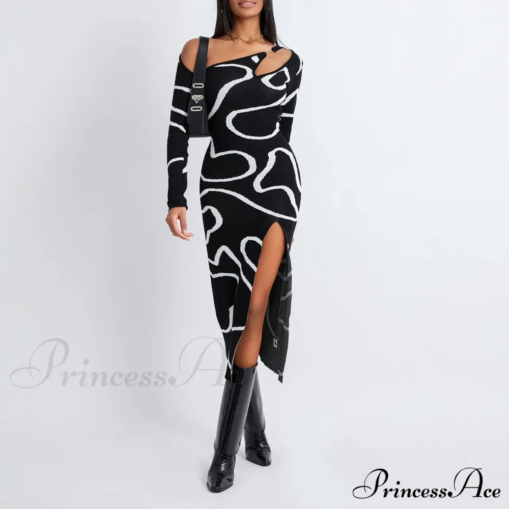 Y2K Women Off Shoulder Long Sleeve Asymmetric Bodycon Split Midi Going Out Vintage Streetwear Cut