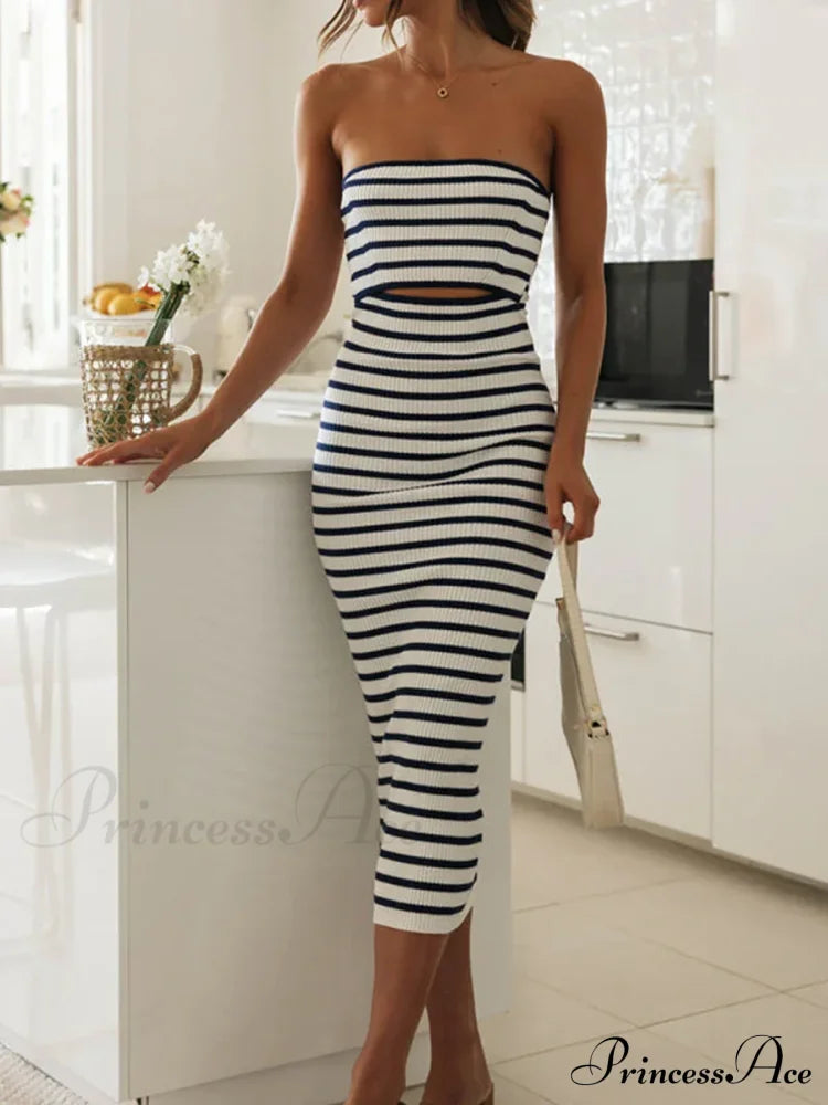 Y2K Women Rib Knit Tube Strapless Bodycon Long Summer Beach Club Bandeau Streetwear Cut Out Dress