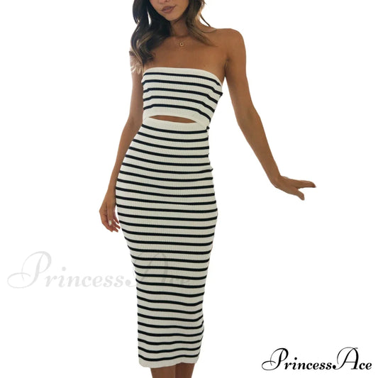 Y2K Women Rib Knit Tube Strapless Bodycon Long Summer Beach Club Bandeau Streetwear Cut Out Dress