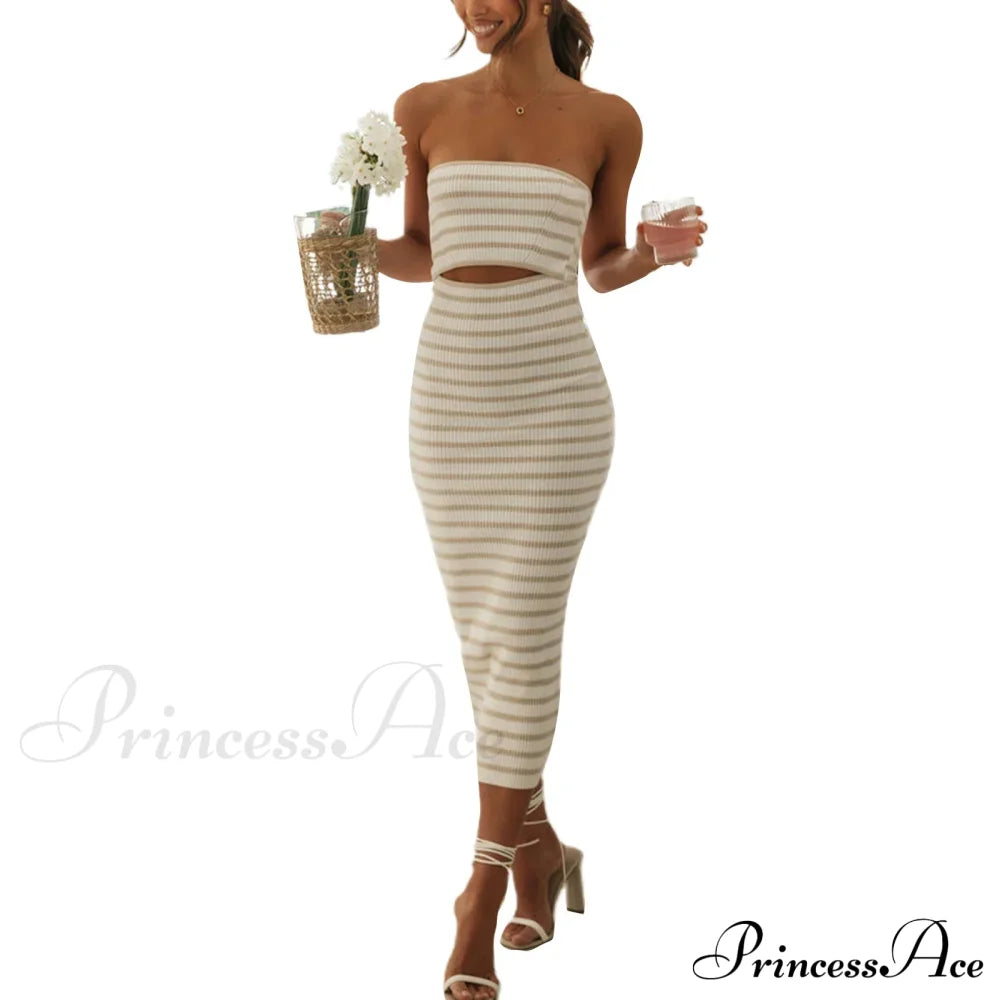 Y2K Women Rib Knit Tube Strapless Bodycon Long Summer Beach Club Bandeau Streetwear Cut Out Dress