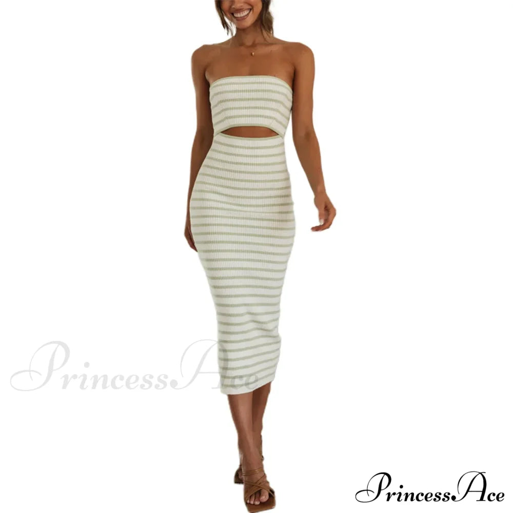 Y2K Women Rib Knit Tube Strapless Bodycon Long Summer Beach Club Bandeau Streetwear Cut Out Dress