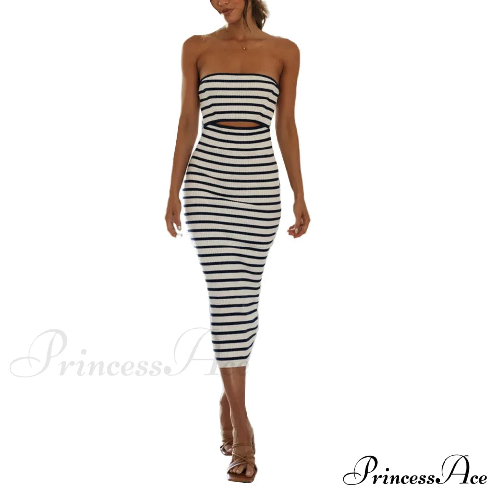 Y2K Women Rib Knit Tube Strapless Bodycon Long Summer Beach Club Bandeau Streetwear Cut Out Dress