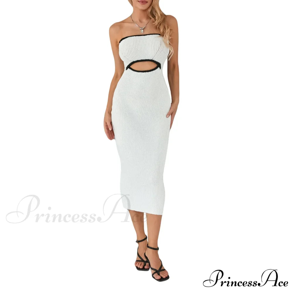 Y2K Women Rib Knit Tube Strapless Bodycon Long Summer Beach Club Bandeau Streetwear Cut Out Dress