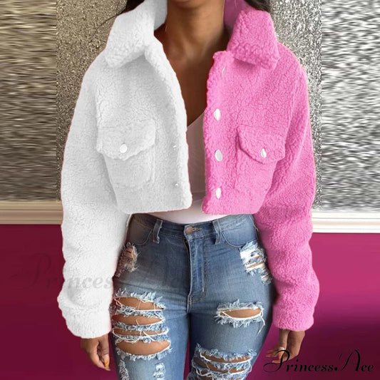 Yellow Blue Color Block Spliced Crop Jackets Pink White / S