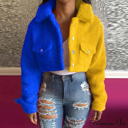 Yellow Blue Color Block Spliced Crop Jackets / S