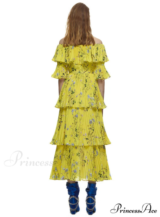 Yellow Bohemian Long Dress With Ruffle Pleated Printing Dresses