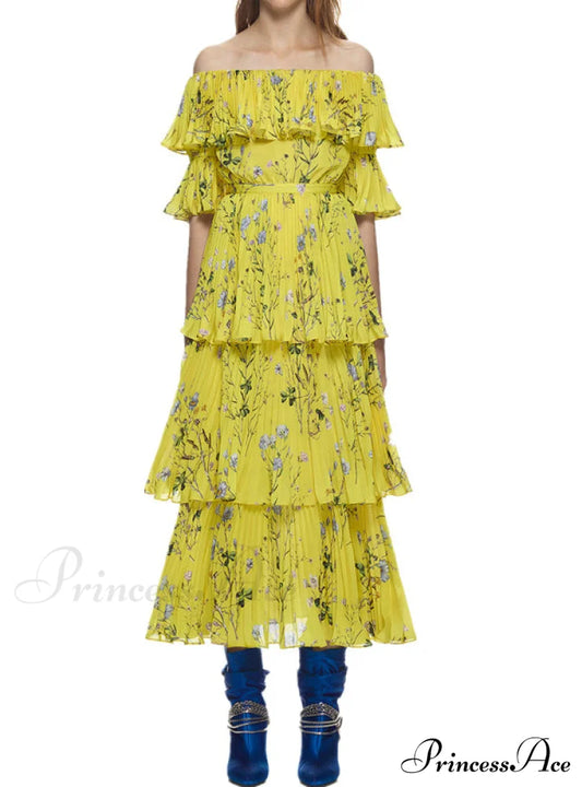 Yellow Bohemian Long Dress With Ruffle Pleated Printing Dresses