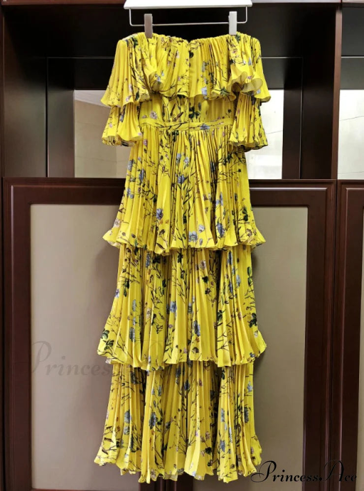 Yellow Bohemian Long Dress With Ruffle Pleated Printing Dresses