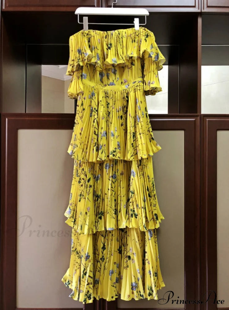 Yellow Bohemian Long Dress With Ruffle Pleated Printing Dresses