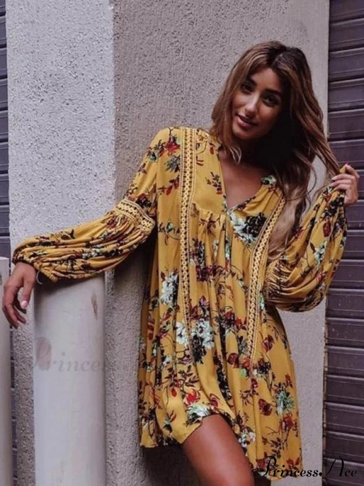 Yellow Floral Mini Dress With Flared Sleeves And V-Neck Dresses