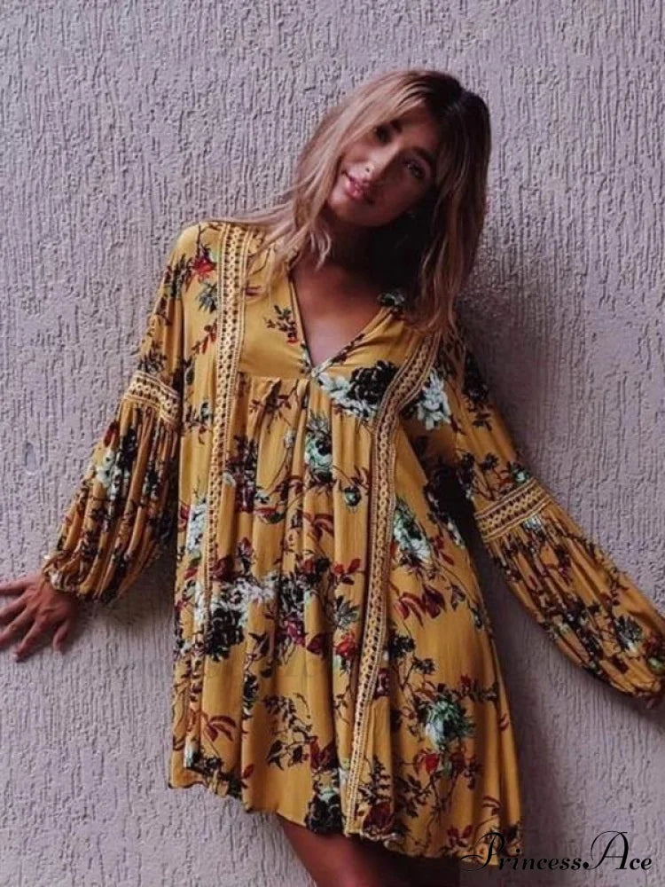 Yellow Floral Mini Dress With Flared Sleeves And V-Neck Dresses