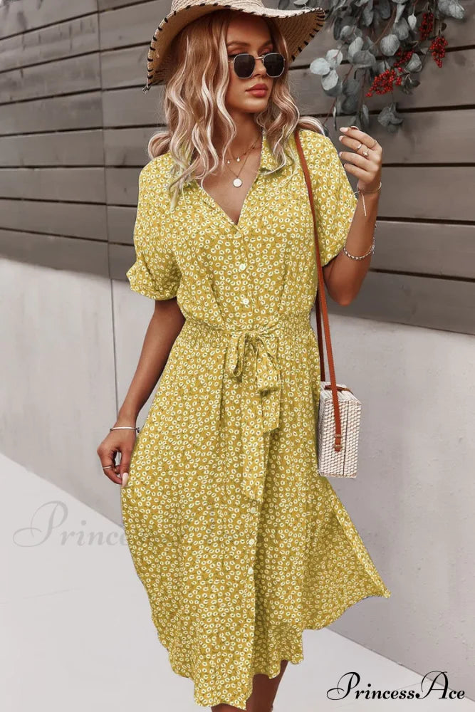 Yellow Maxi Dress With Short Sleeves And Belt S / Black Green Print Maxi Dress