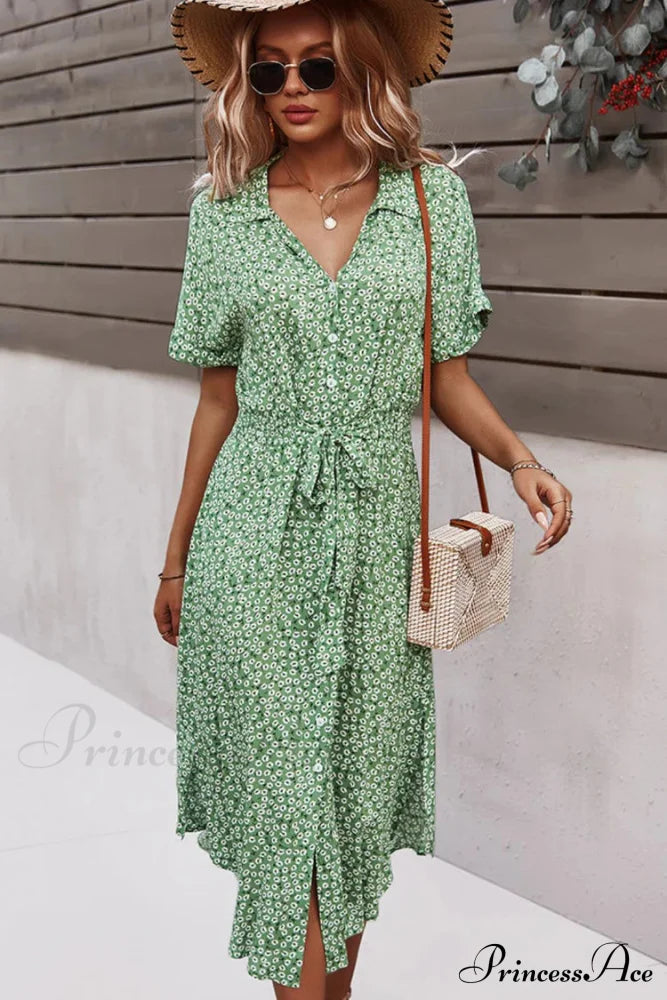 Yellow Maxi Dress With Short Sleeves And Belt S / Blue Green Print Maxi Dress