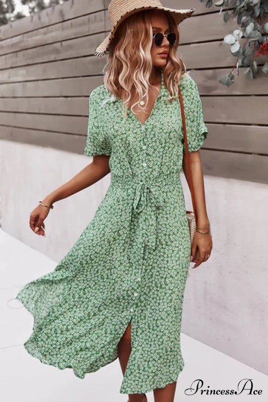 Yellow Maxi Dress With Short Sleeves And Belt S / Green Print Maxi Dress