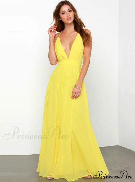 Yellow Maxi Dress With Waist Strap For Beach Wear Dresses