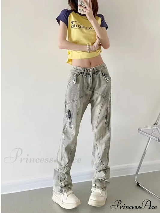 Yellow Mud Color Street Zippered High Trendy Slimming Micro Flared Jean Mud Color / S