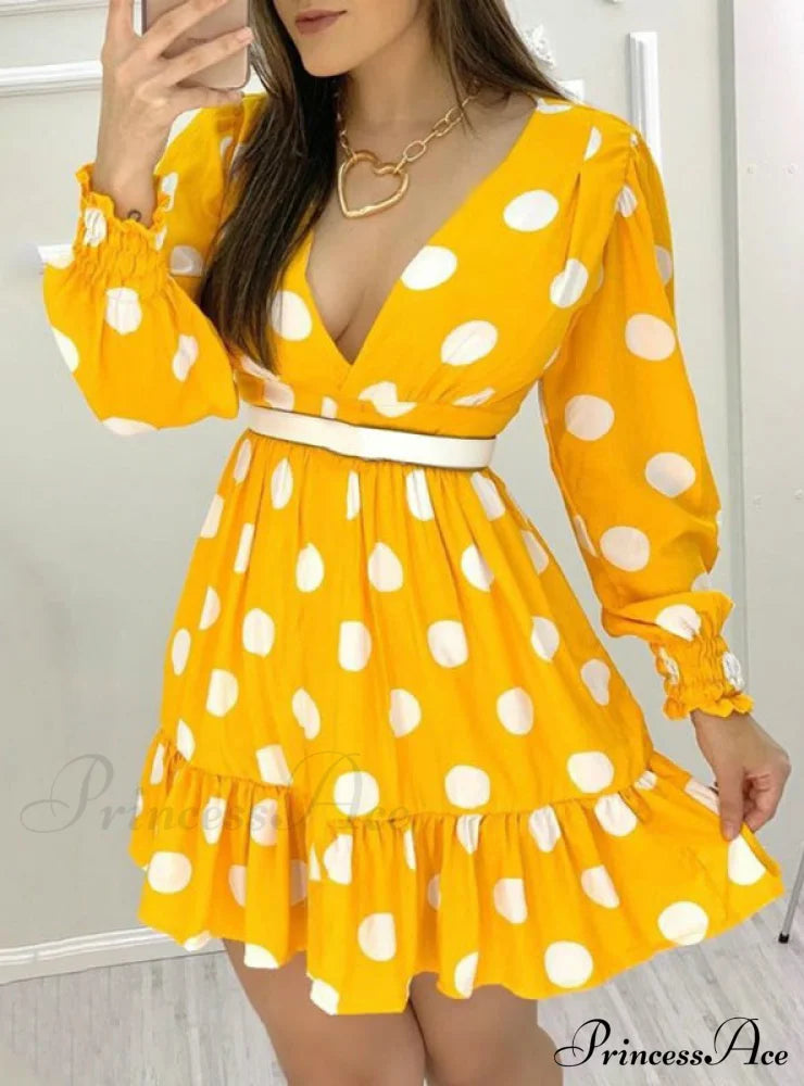 Yellow Polka Dot Casual Dress With Plunge Neckline And Ruched Ruffles Dresses