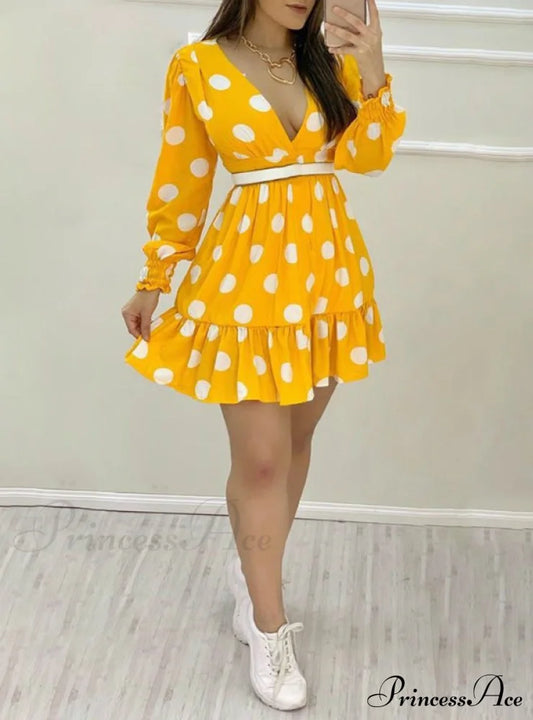 Yellow Polka Dot Casual Dress With Plunge Neckline And Ruched Ruffles Dresses