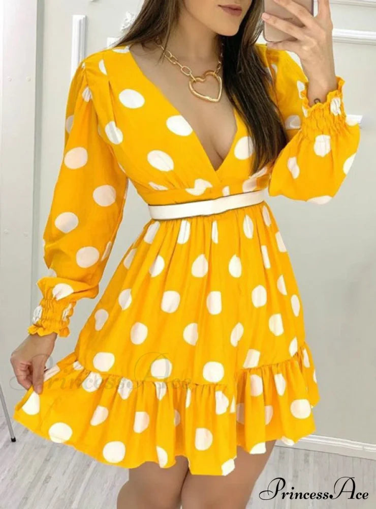 Yellow Polka Dot Casual Dress With Plunge Neckline And Ruched Ruffles Dresses