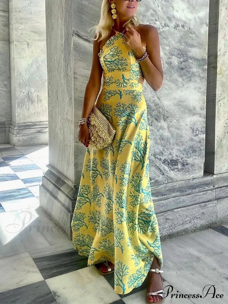 Yellow Printed Halter Backless Dress S / Green Yellow Halter Beach Dress