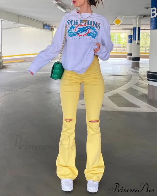 Yellow Ripped Women Flare Lady Stretch Vintage High Waist Denim Pants Y2K Punk Streetwear Slim Bell