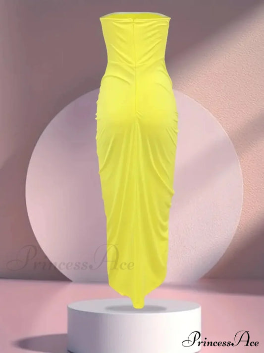 Yellow Strapless Ruched Bodycon Dress With Slit Yellow Maxi Bodycon Dress