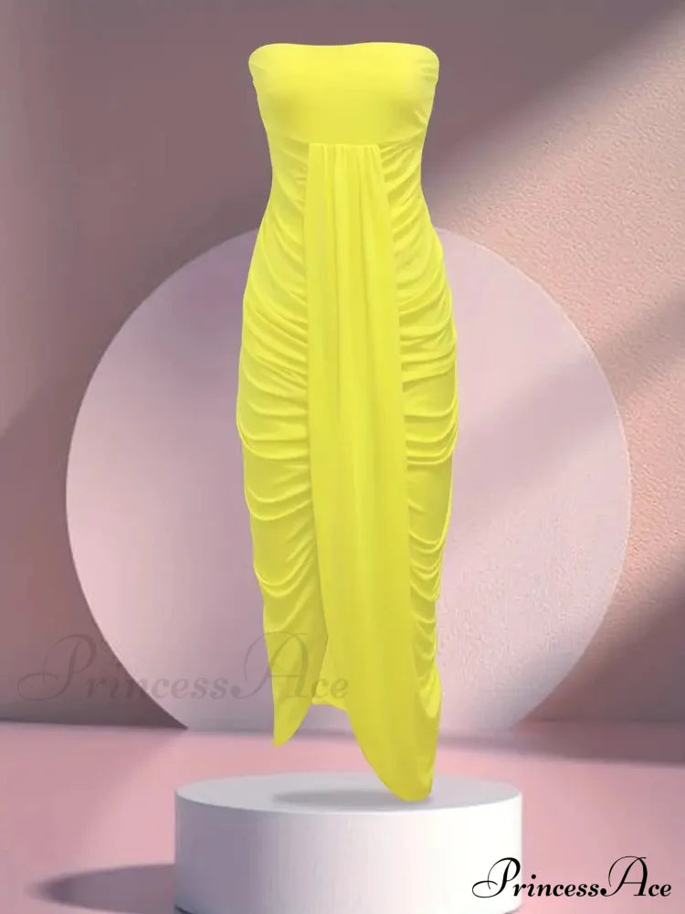 Yellow Strapless Ruched Bodycon Dress With Slit Yellow Maxi Bodycon Dress