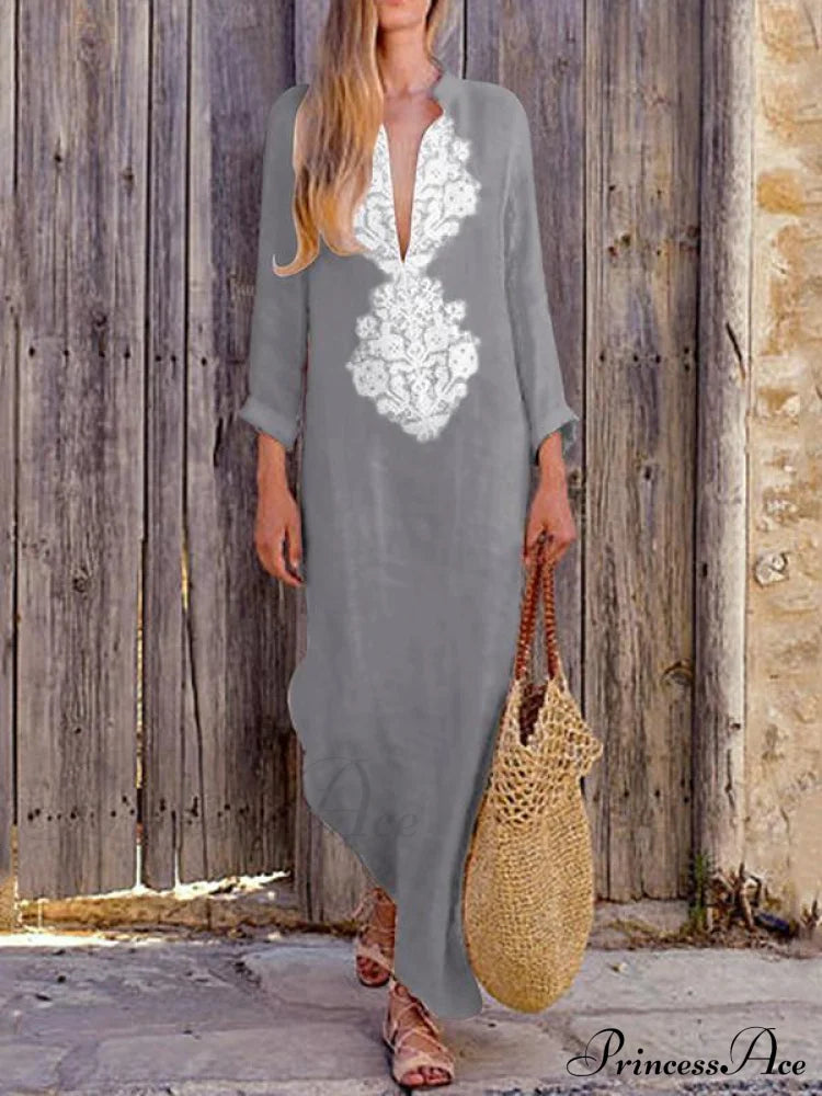 Yellow V-Neck Maxi Dress With Long Sleeves And Split Sides S / Gray Dresses