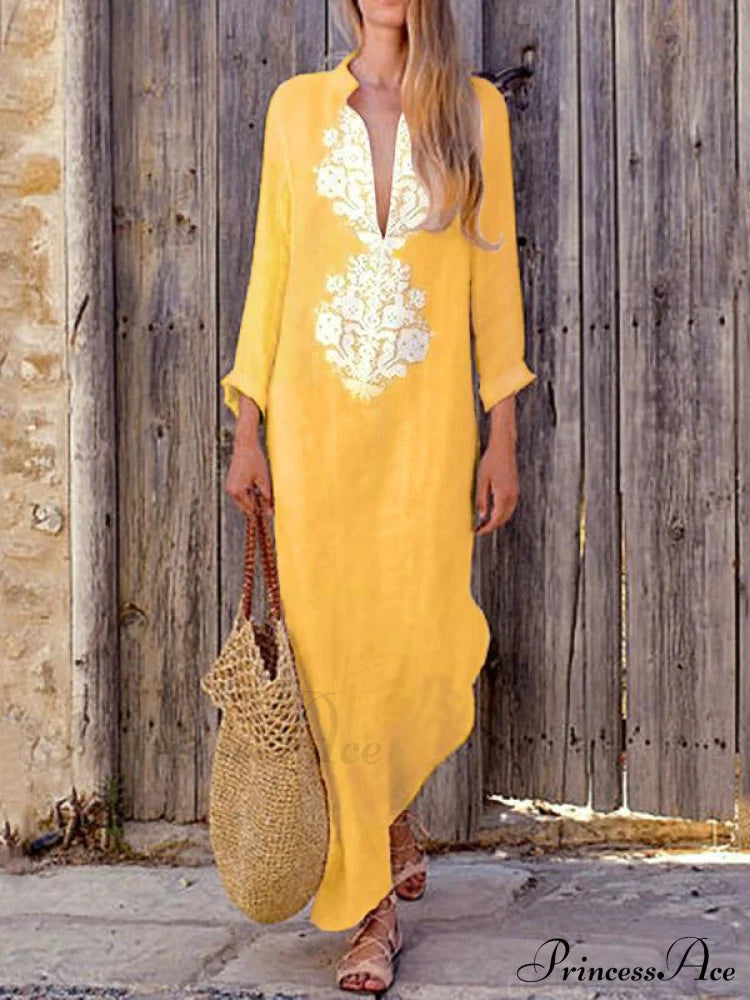 Yellow V-Neck Maxi Dress With Long Sleeves And Split Sides S / Light Blue Dresses