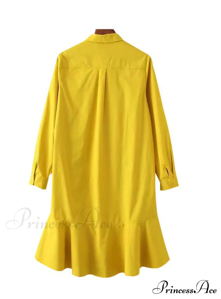 Yellow White Long Sleeve Dress With Turn Down Collar M / Party Dresses-L