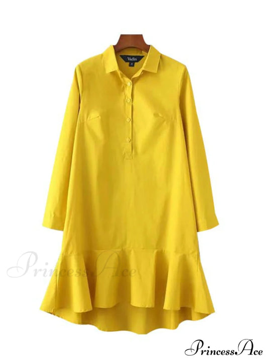 Yellow White Long Sleeve Dress With Turn Down Collar S / Party Dresses-L