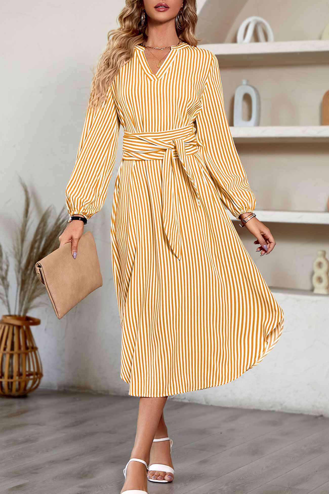 Striped V Neck Tie Waist Long Sleeve Midi Dress