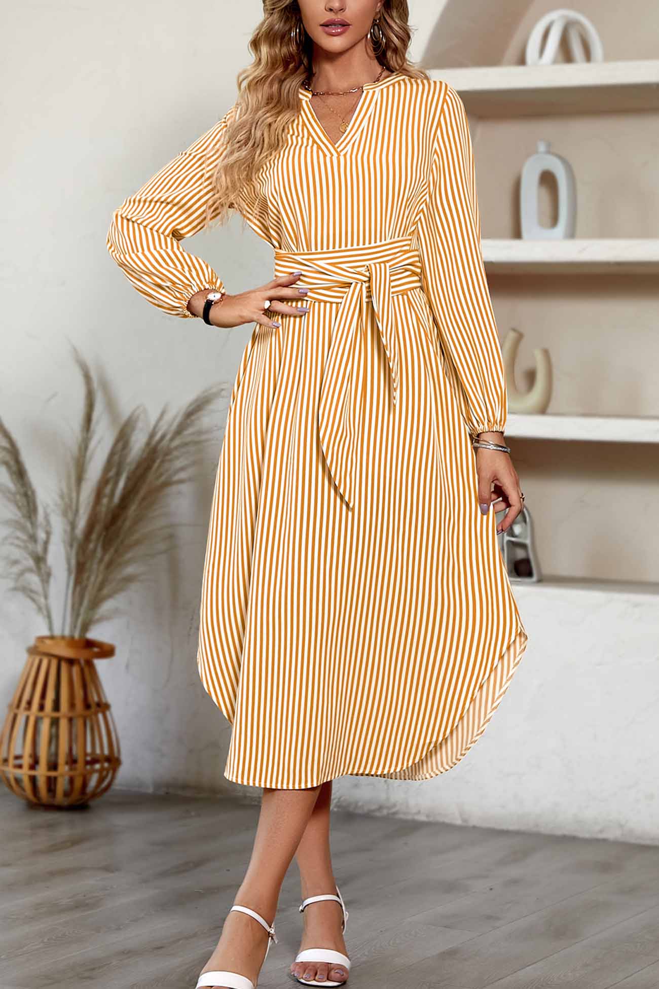 Striped V Neck Tie Waist Long Sleeve Midi Dress