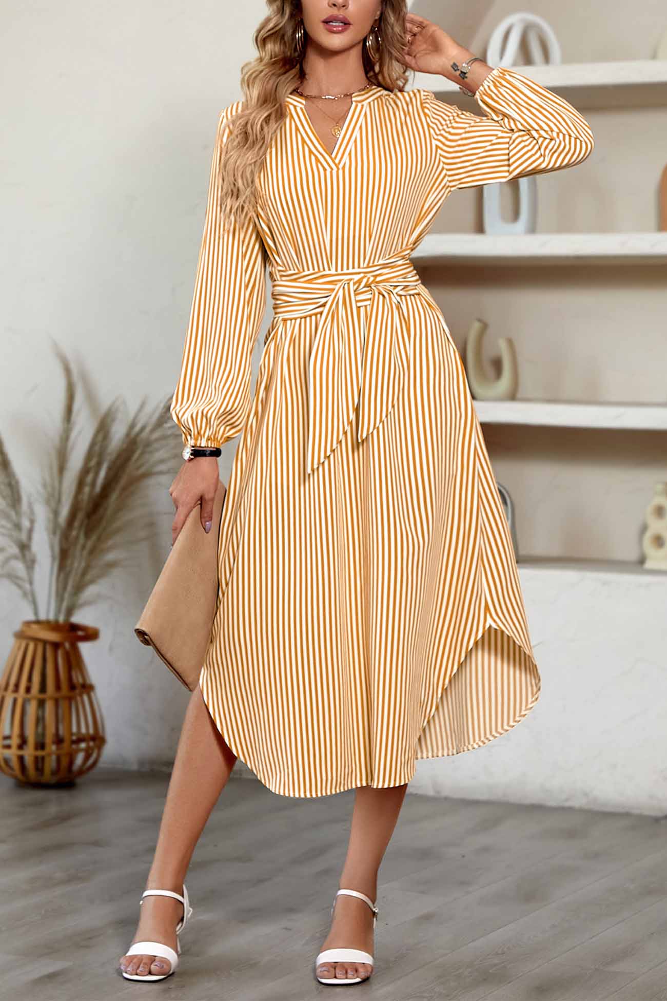 Striped V Neck Tie Waist Long Sleeve Midi Dress