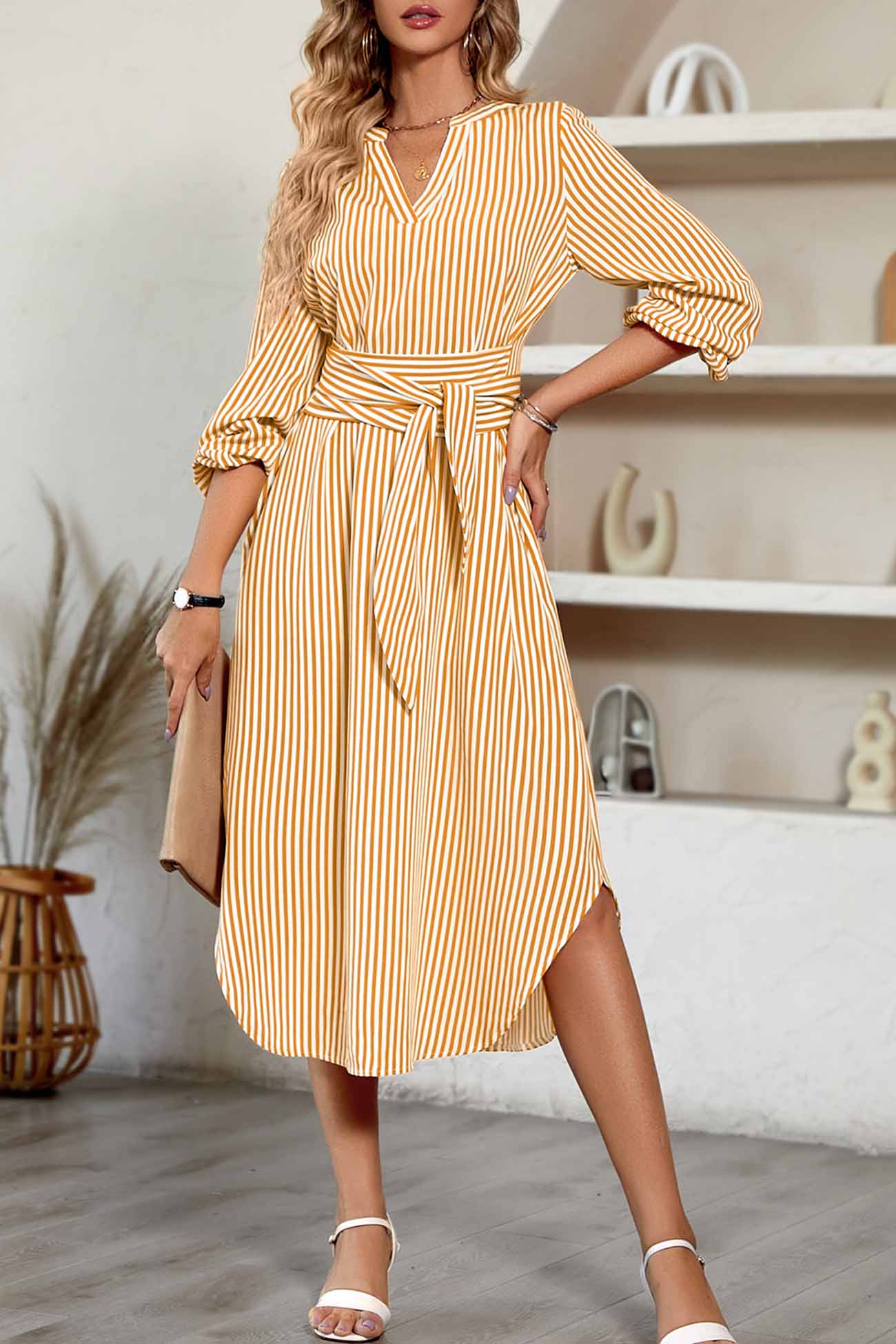 Striped V Neck Tie Waist Long Sleeve Midi Dress