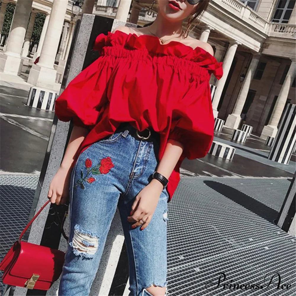 Youth Korean The Designer Fashion Blouses Blouse Arm Luxury Off Woman Puff Shoulder Ruffles Tops