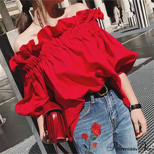 Youth Korean The Designer Fashion Blouses Blouse Arm Luxury Off Woman Puff Shoulder Ruffles Tops