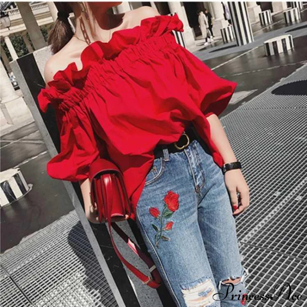 Youth Korean The Designer Fashion Blouses Blouse Arm Luxury Off Woman Puff Shoulder Ruffles Tops