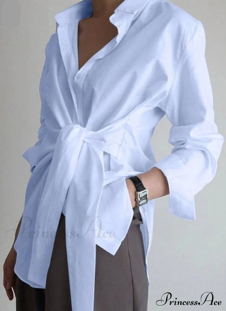 Zanze Self-Tie Shirt - Plus Size Light Blue / S Tops & Blouses