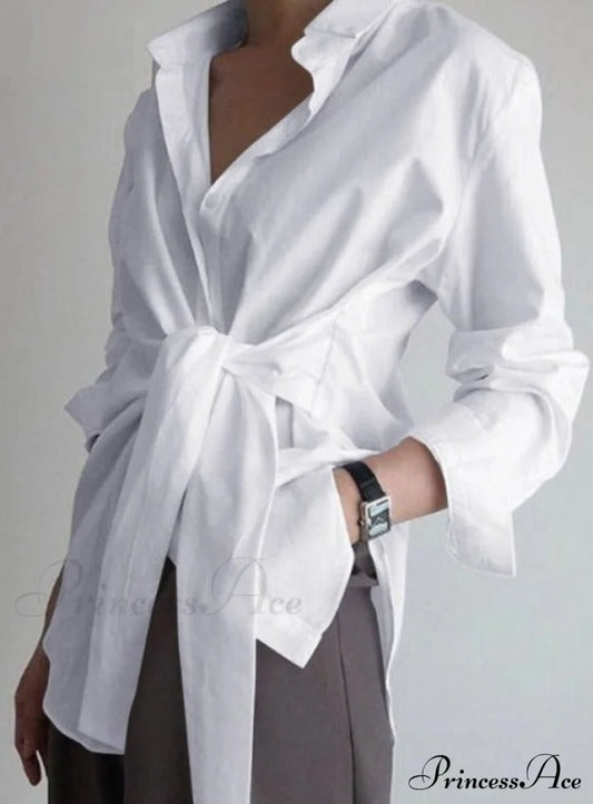 Zanze Self-Tie Shirt - Plus Size White / S Tops & Blouses