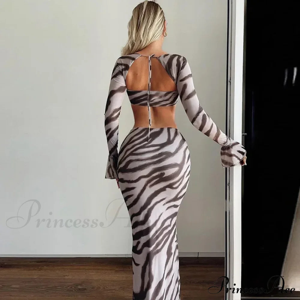 Zebra Print Y2K Skirt Two Piece Set Long Sleeve Backless Crop Top And Suit Maxi Dress