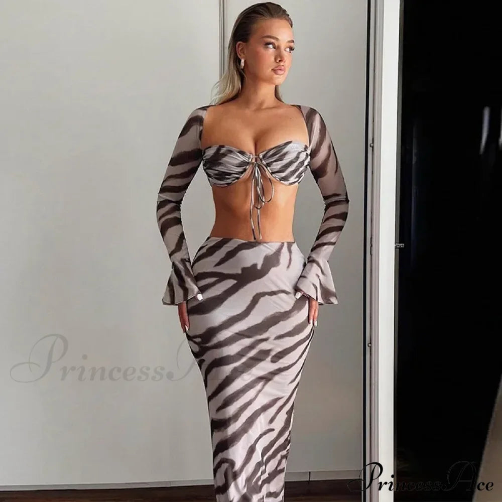 Zebra Print Y2K Skirt Two Piece Set Long Sleeve Backless Crop Top And Suit Maxi Dress / S