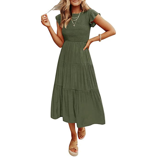 ZESICA Women's Summer Flutter Short Sleeve Smocked Midi Dress __stock:1000 casual dresses clothes dresses refund_fee:1200